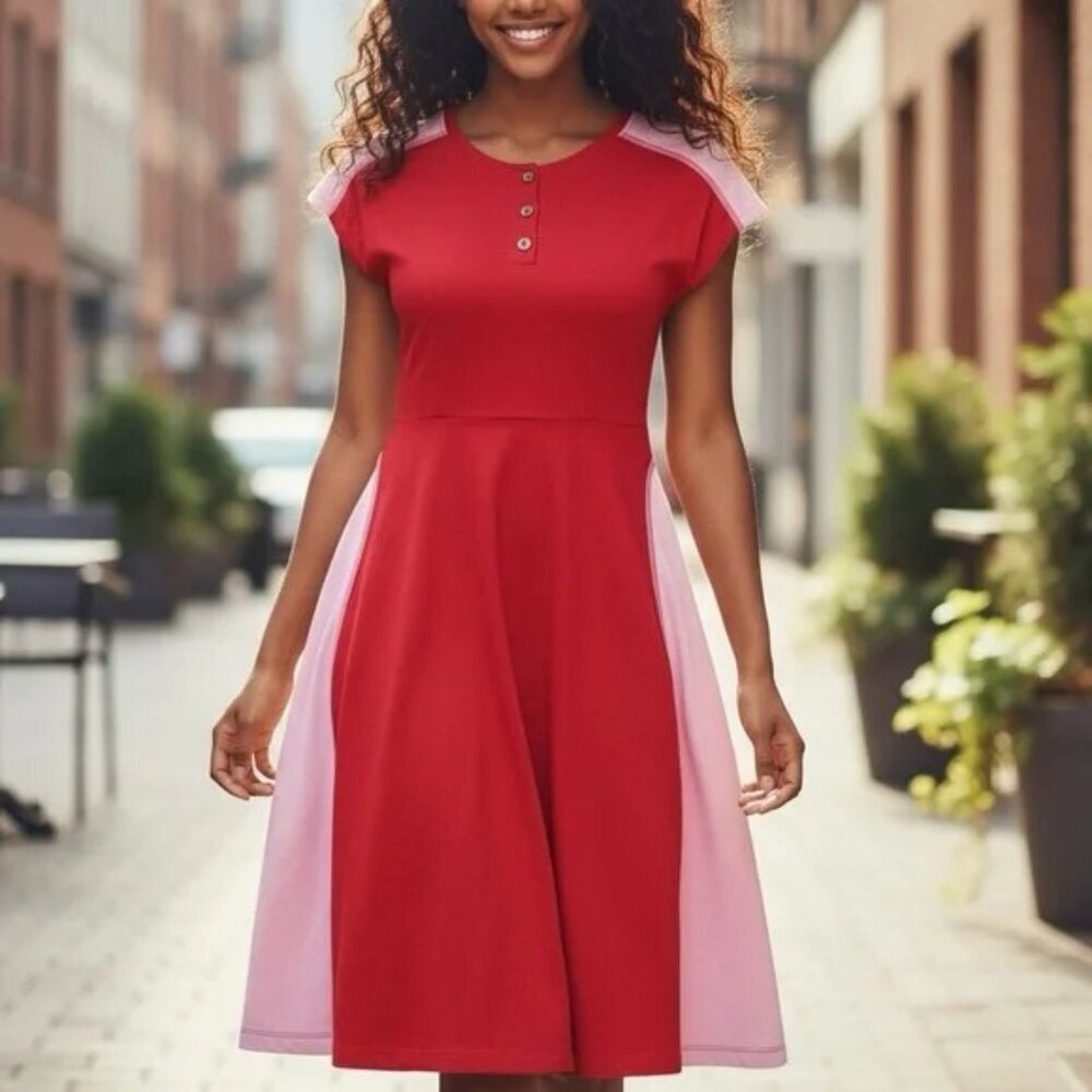 2/$30 eShakti Henley A-Line Dress Cap Sleeve Knee Length Red Pink 14W #A1257